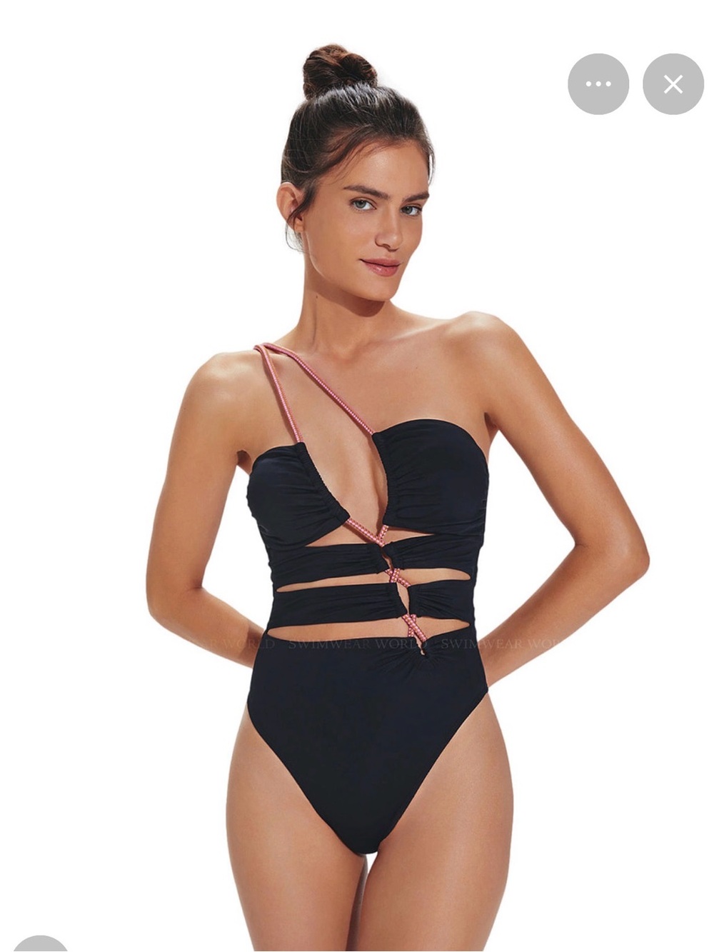 Black One-Shoulder Cutout One-Piece Swimsuit with Pink Strap Detail